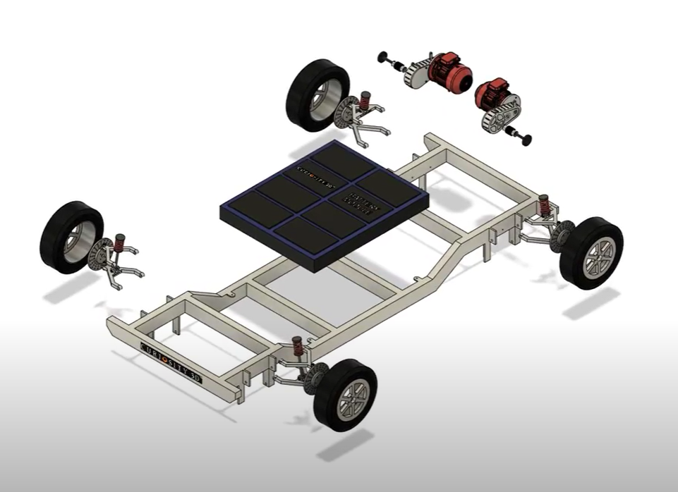 Exploded view of an electric vehicle chassis, showing frame, wheels, suspension, motors, and battery pack.