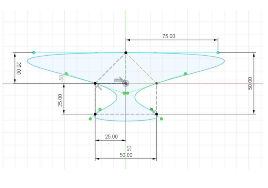 Technical drawing featuring a symmetrical object with precise measurements. It includes labeled dimensions, geometric shapes, and blue shaded areas, with a grid background.