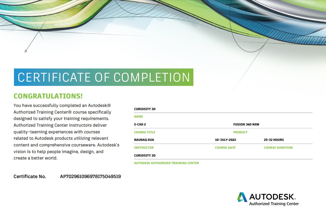 Certificate of Completion from Autodesk Authorized Training Center, showing course details and completion information with abstract design at the top.