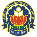 Amity International School logo featuring a red lotus, book, and sun with a blue and yellow design.