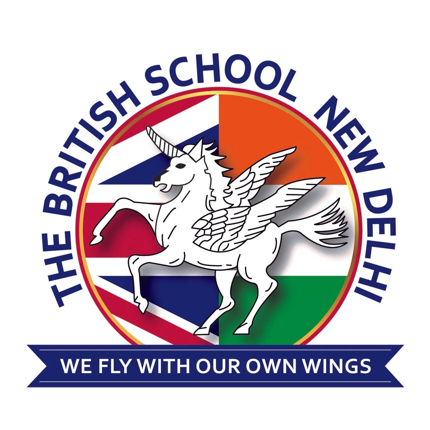 Logo of The British School New Delhi featuring a winged unicorn in front of British and Indian flags with the motto "We Fly With Our Own Wings."