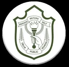 Delhi Public School logo with a shield, a hand holding a torch, and the motto "Service Before Self."