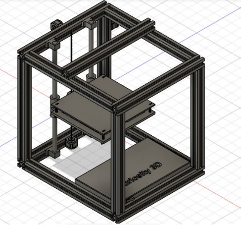 3D printer frame design with metal rods and platform components on grid background.