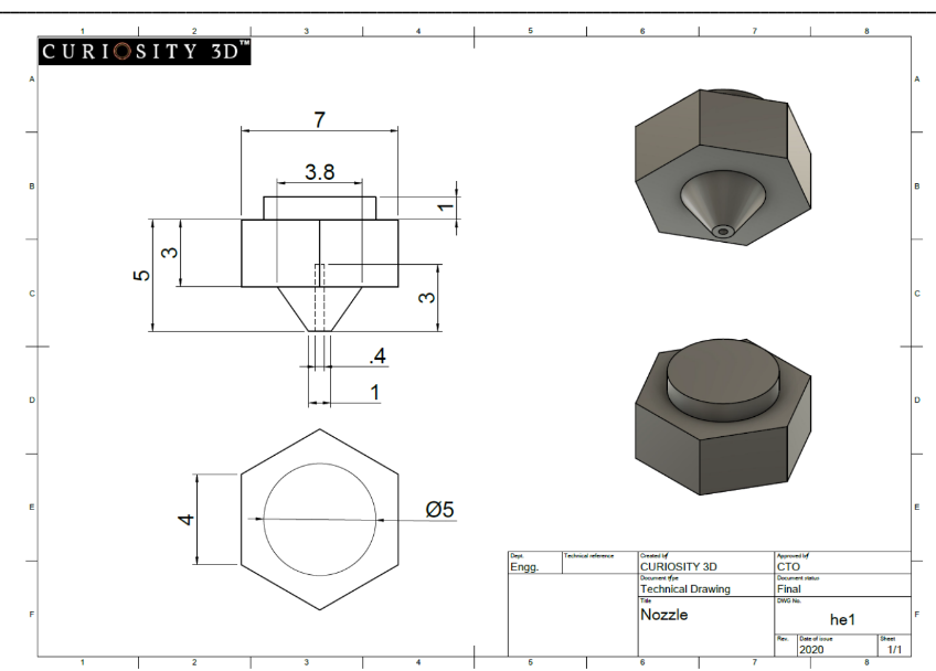 Technical drawing of a nozzle by Curiosity 3D showing various views, including top, side, and isometric, with dimensions labeled.