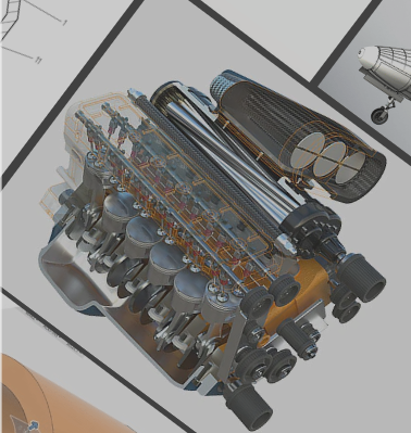 3D illustration of a V8 engine with transparent parts showing internal components.