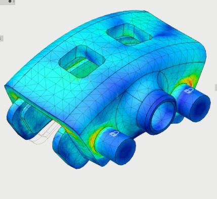 3D finite element analysis model of mechanical component with stress distribution in blue and green hues