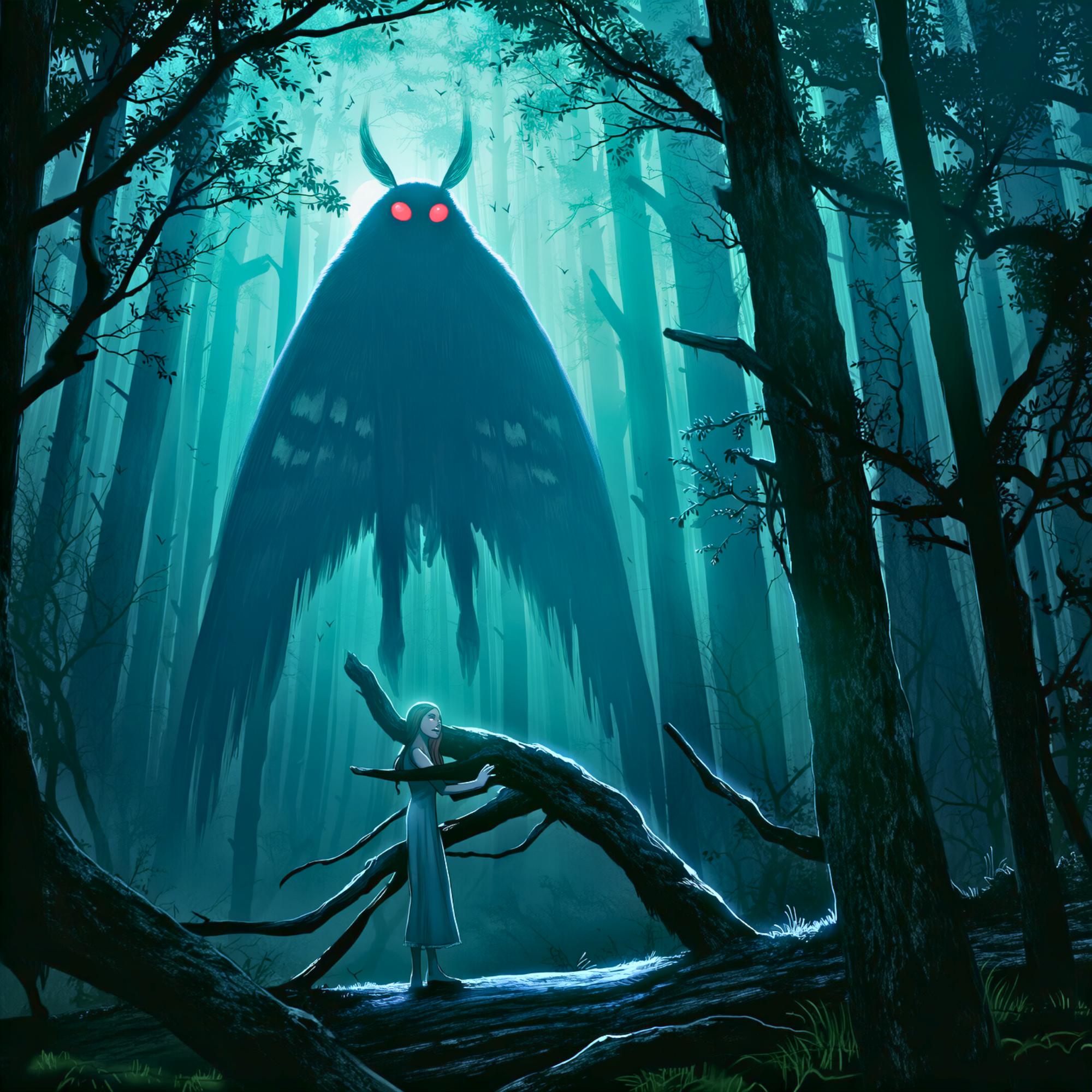 A girl with long hair in a dress standing in a dark, dense forest with tall trees and lush foliage, illuminated by a mysterious glow in the background. A large, shadowy creature with glowing red eyes and horns appears behind her, partially obscured by the foliage.