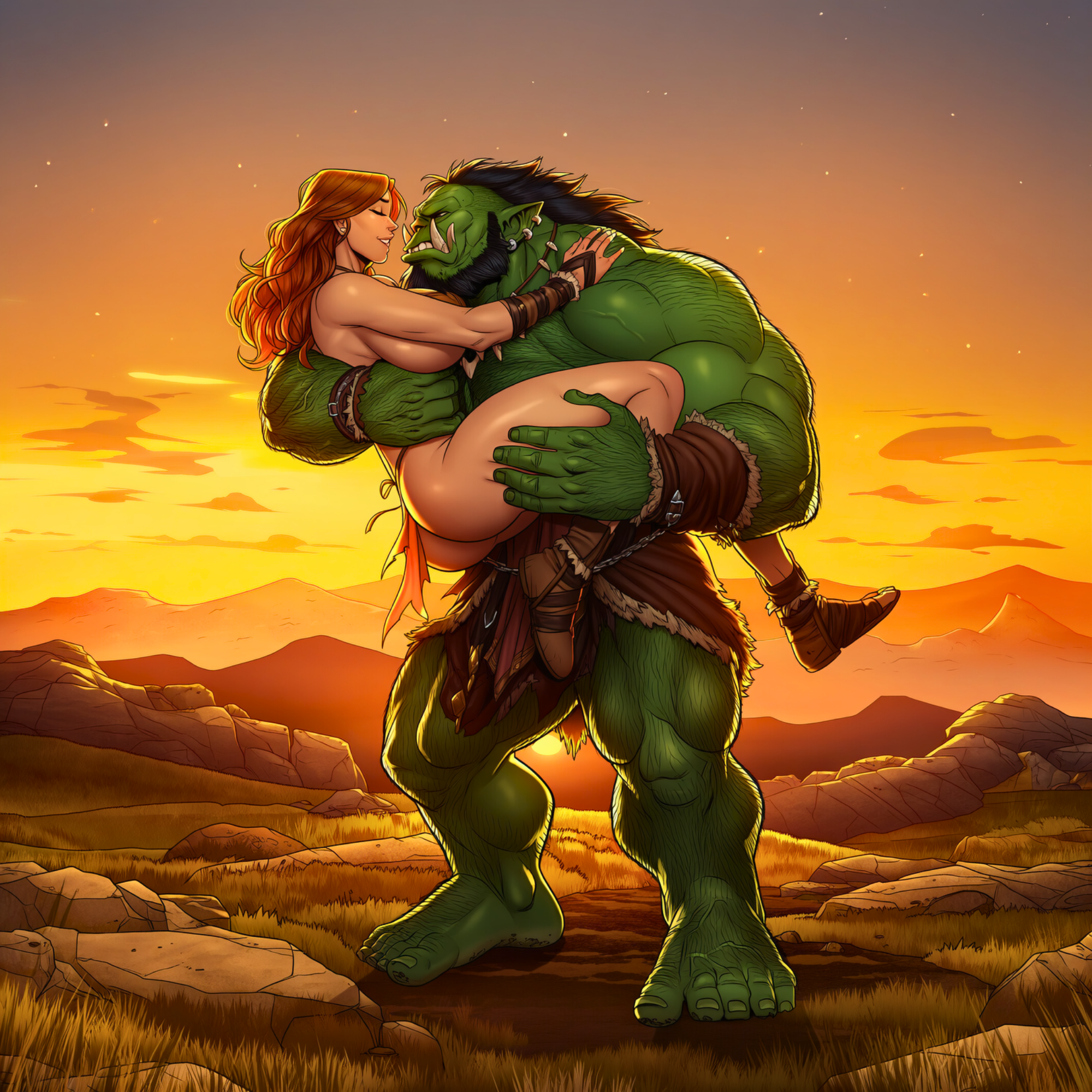 An animated illustration of a green orc carrying a red-haired woman with her eyes closed during sunset in a rocky, grassy landscape.