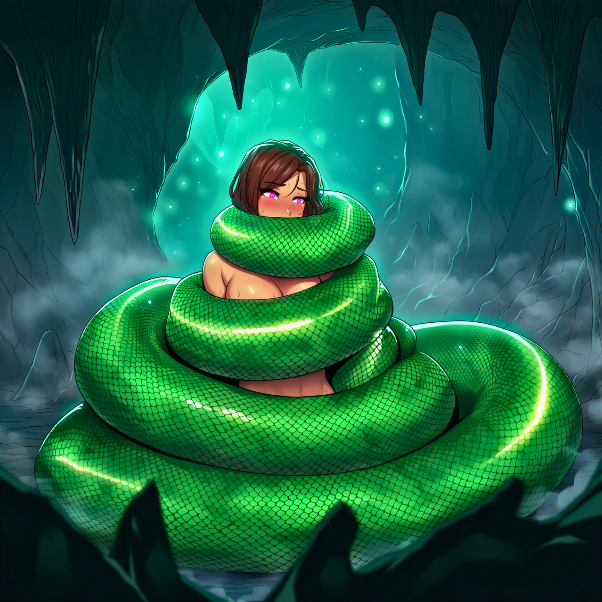 A cartoon-style digital illustration of a girl with brown hair, pink eyes, and blush, wrapped in a green snake with black scale patterns inside a cave with stalactites and glowing particles.