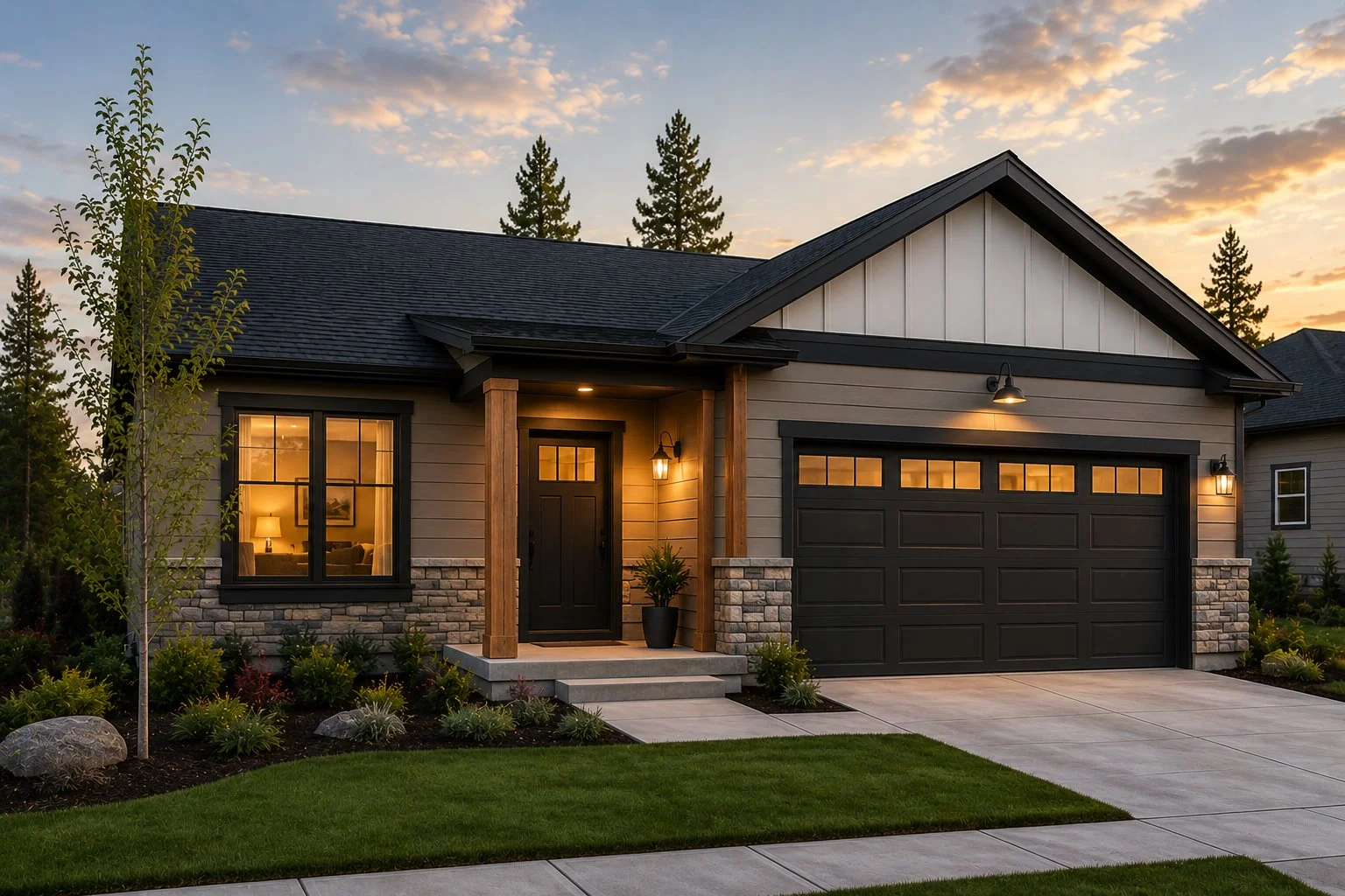 Modern house with a black garage door, stone accents, wooden support beams, and warm exterior lighting at sunset