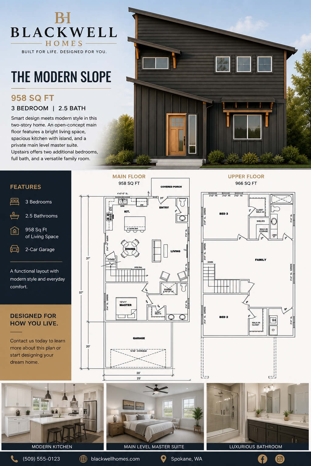 Advertisement for Blackwell Homes featuring a modern black two-story house called The Modern Slope with specifications, floor plans, and interior images of a kitchen, master suite, and bathroom.
