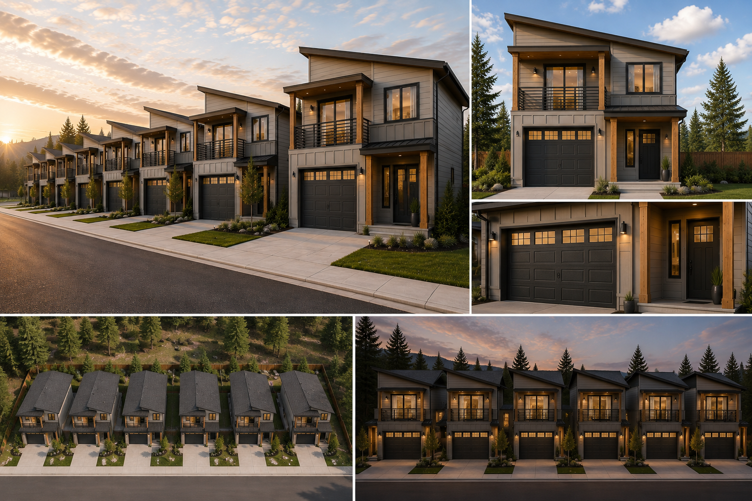 Modern townhouse complex with multiple units, featuring dark gray garage doors, wooden accents, front porches, well-maintained landscaping, and a scenic mountain backdrop at sunset.