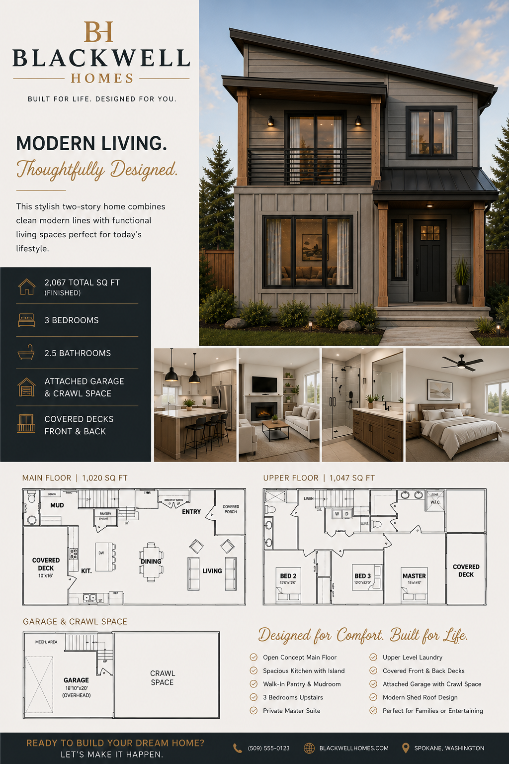 A modern two-story house with a dark exterior, front porch, and balcony, set against a blue sky and surrounded by landscaping. The image includes interior photos of a kitchen, living room, bathroom, and bedroom, along with floor plans of the main and upper floors, and a garage with crawl space. The house is marketed by Blackwell Homes in Spokane, Washington.