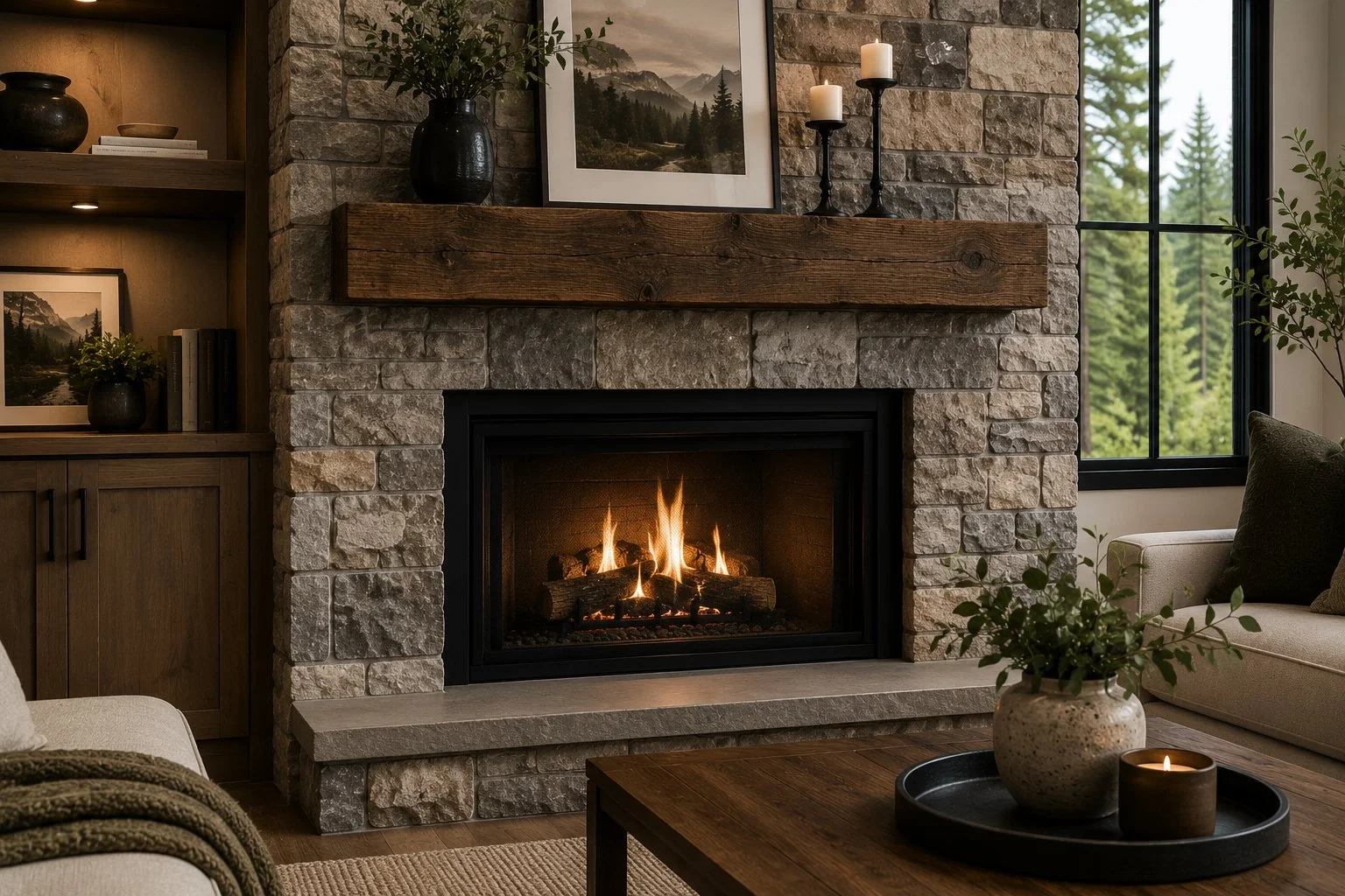A cozy living room with a stone fireplace featuring a lit fire, a wooden mantel with candles and a framed picture, a window with a view of trees, and a small table with a vase and candle.