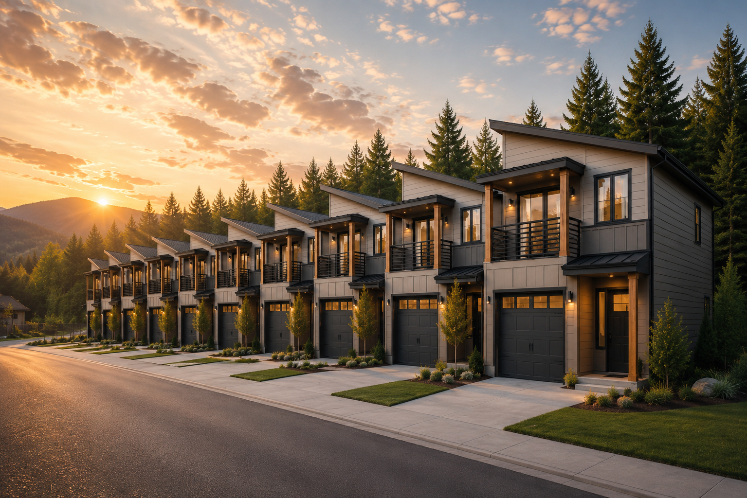 A row of modern townhouses at sunset, with black garage doors, small front lawns, trees, and mountain backdrop.
