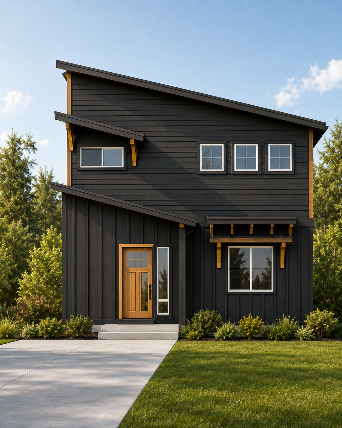 Modern black house with wooden door and multiple windows, surrounded by greenery and a concrete pathway.