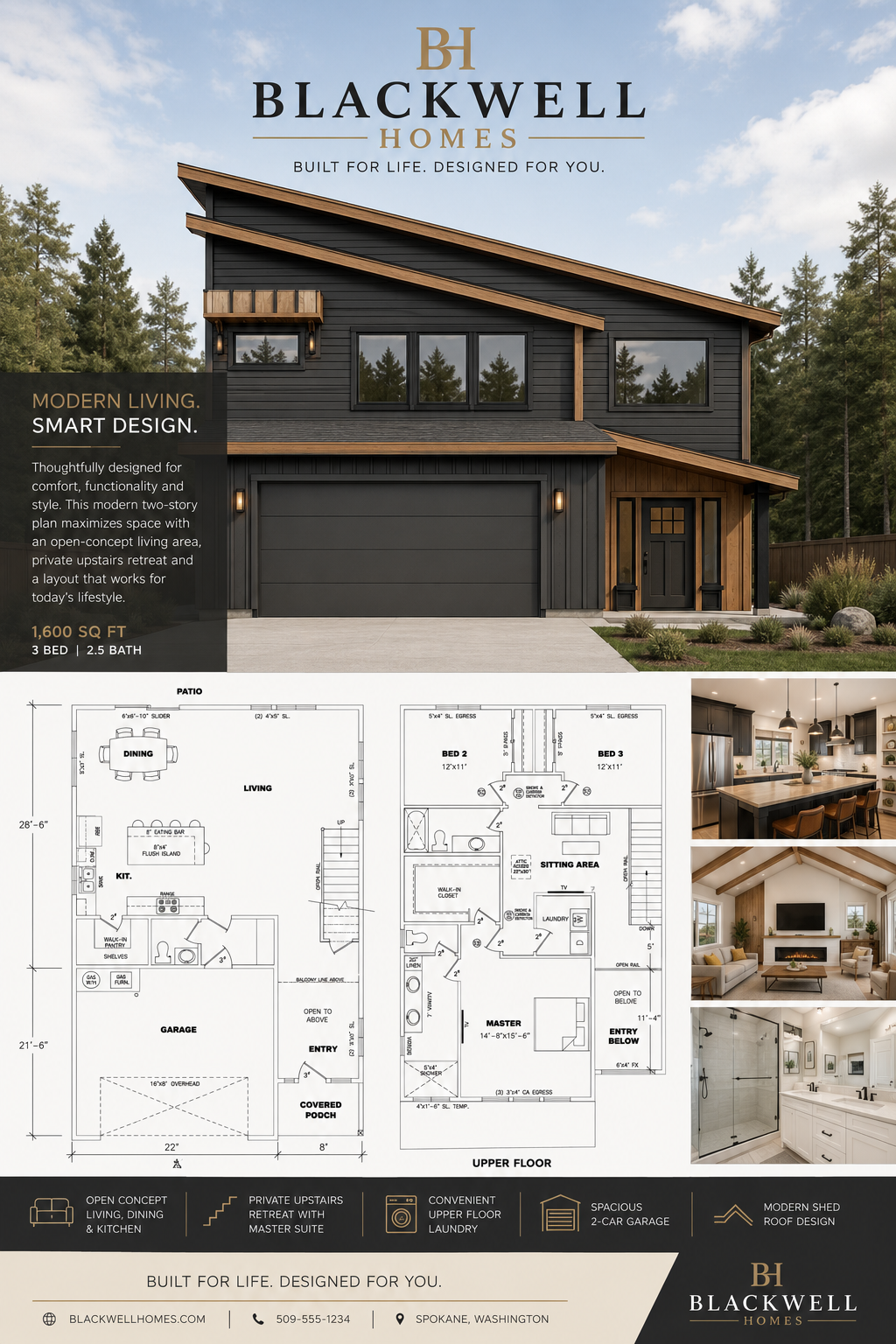 A modern black and wood two-story house with a garage, front porch, and large windows, surrounded by trees. The image also shows floor plans for the house and interior photos of the kitchen, living room, and bathroom.