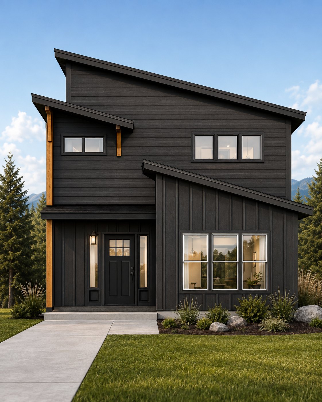 Modern black house with multiple levels, large windows, and a small front yard with grass, rocks, and plants, set against a backdrop of trees and mountains.