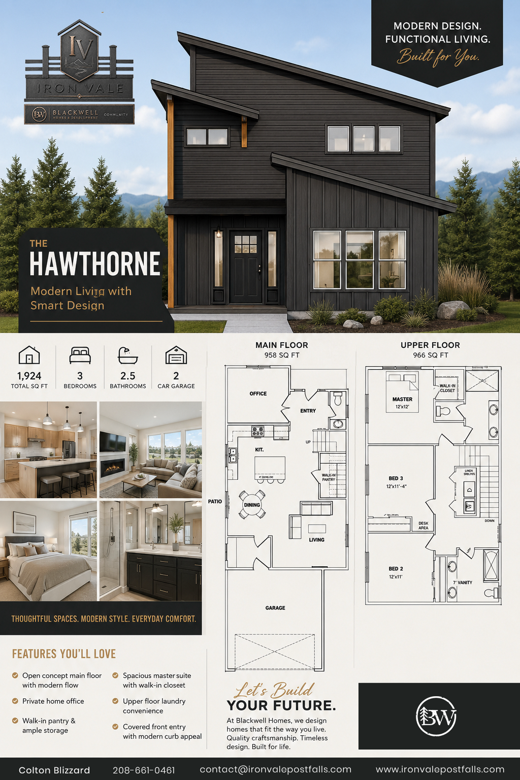 A modern two-story house with black exterior, surrounded by trees, with a floor plan and details indicating it has 3 bedrooms, 2.5 bathrooms, a 958 sq ft main floor, and a 966 sq ft upper floor. Features include a garage, home office, walk-in pantry, and laundry convenience.