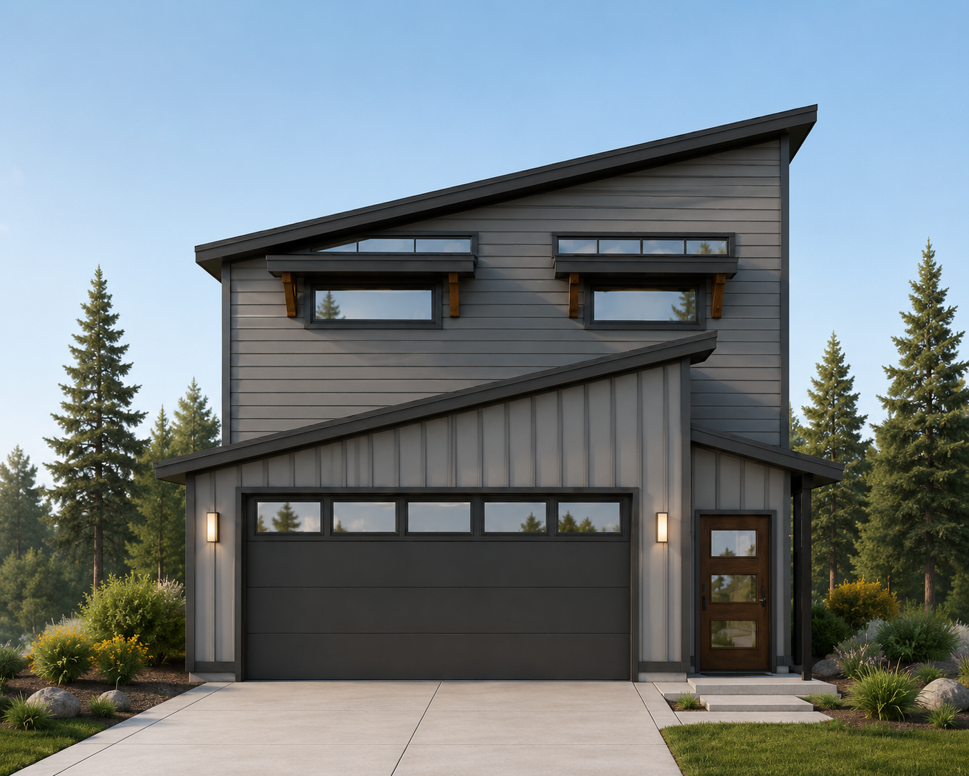 Modern two-story house with gray siding, black garage door, and wooden door, surrounded by landscaping and tall trees.
