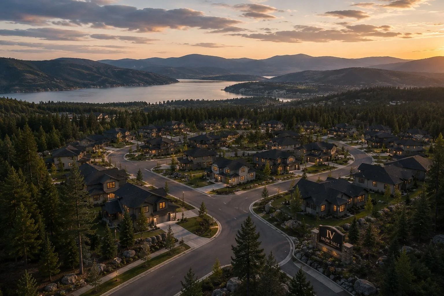 An aerial view of a residential neighborhood called Iron Vale at sunset, with houses illuminated and surrounded by trees, water, and mountains in the background.