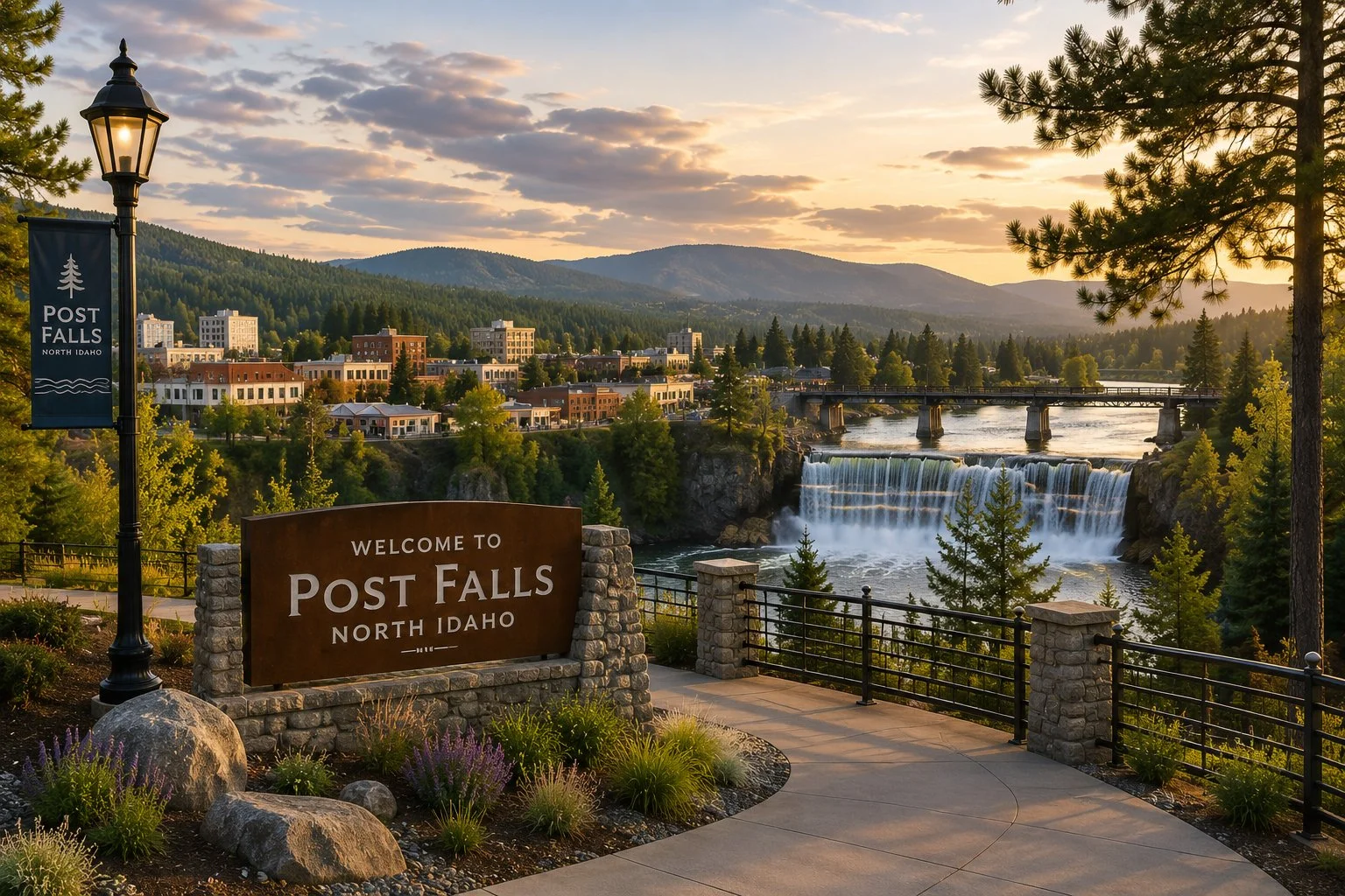 View of Post Falls, North Idaho, with a waterfall, river, bridge, and a town hillside during sunset.