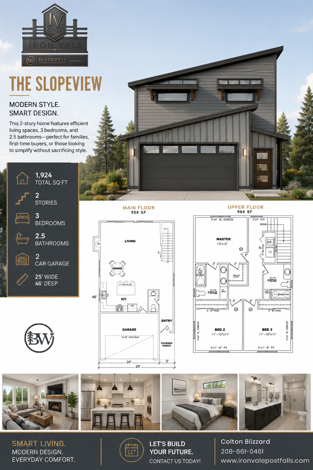 Real estate promotional flyer for a modern two-story home featuring a gray exterior, floor plans for main and upper floors, inside photos of living room, kitchen, bedroom, and bathroom, with details about size, style, and contact information.