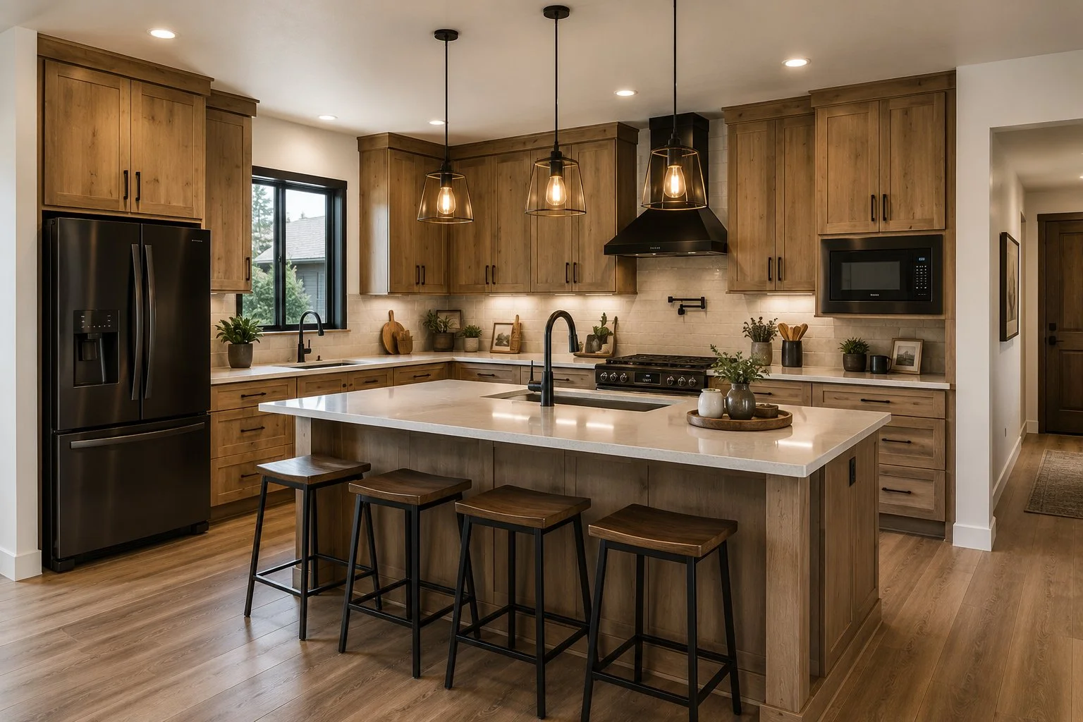 Modern kitchen with wooden cabinetry, black appliances, a large center island, pendant lighting, and decorative plants.