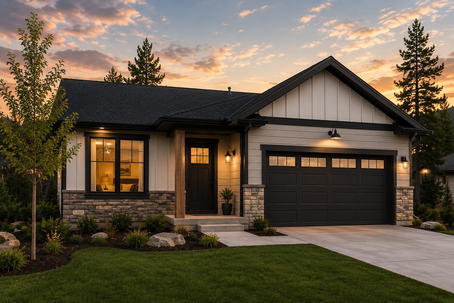 Modern suburban house at sunset with white siding, black trim, stone accents, front porch, attached garage, landscaped front yard, and trees in the background.