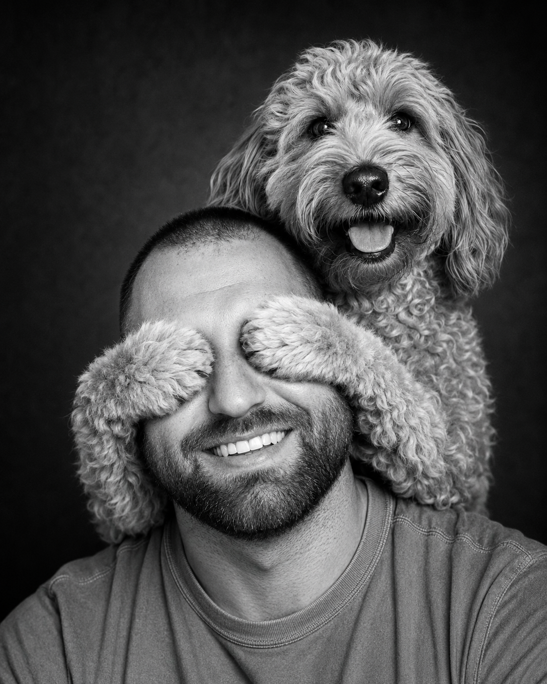 A man smiling with a dog perched on his shoulders, covering his eyes with its furry paws, in a black and white photo.
