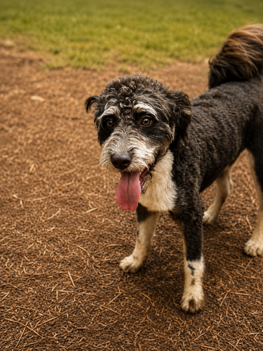 A happy black and white dog with curly fur standing on a dirt path with grass in the background, licking its lips.