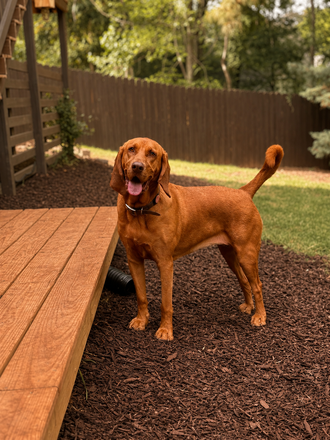 A cheerful, brown dog standing outdoors on a layer of dark mulch, near a wooden deck, with a background of a wooden fence, trees, and green grass.