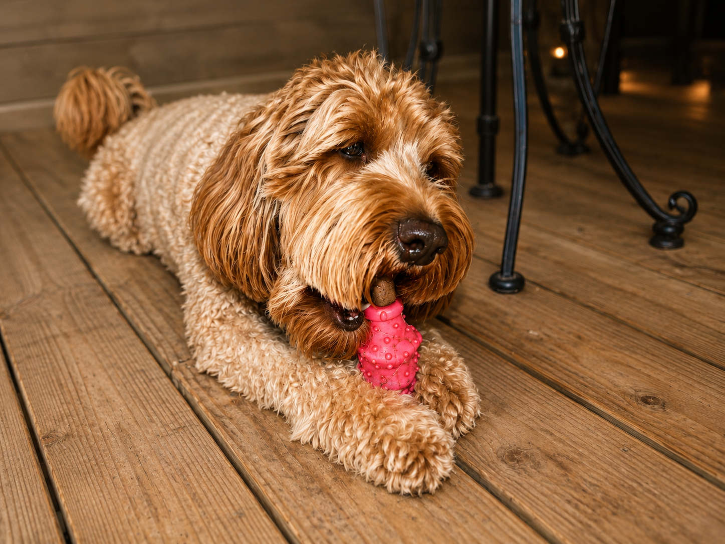 A curly-coated dog lying on a wooden floor, chewing a pink chew toy.