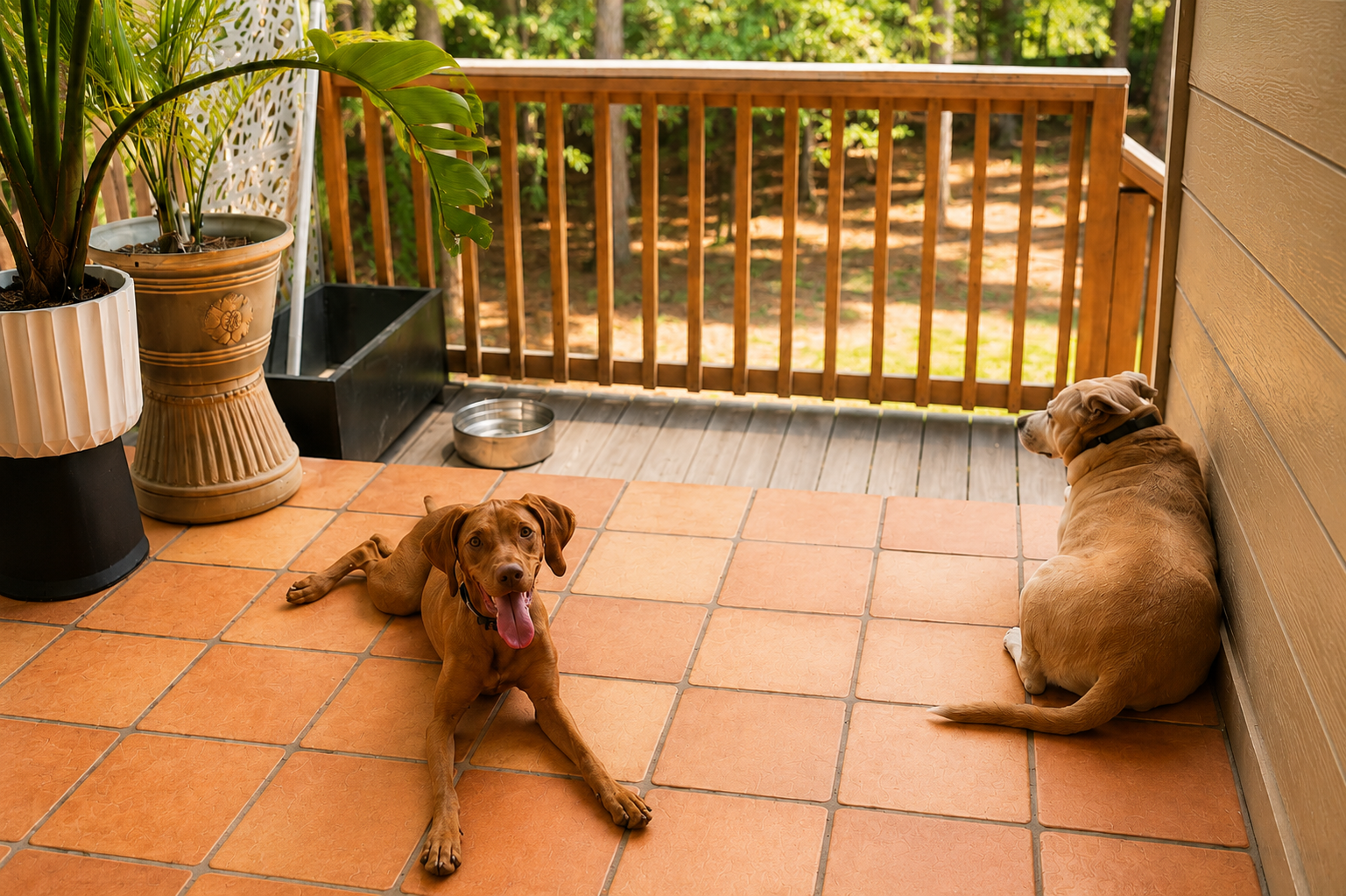 Two dogs on a tiled porch, one sitting and smiling, the other lying against the wall, with potted plants, a water bowl, and a wooden railing in the background.