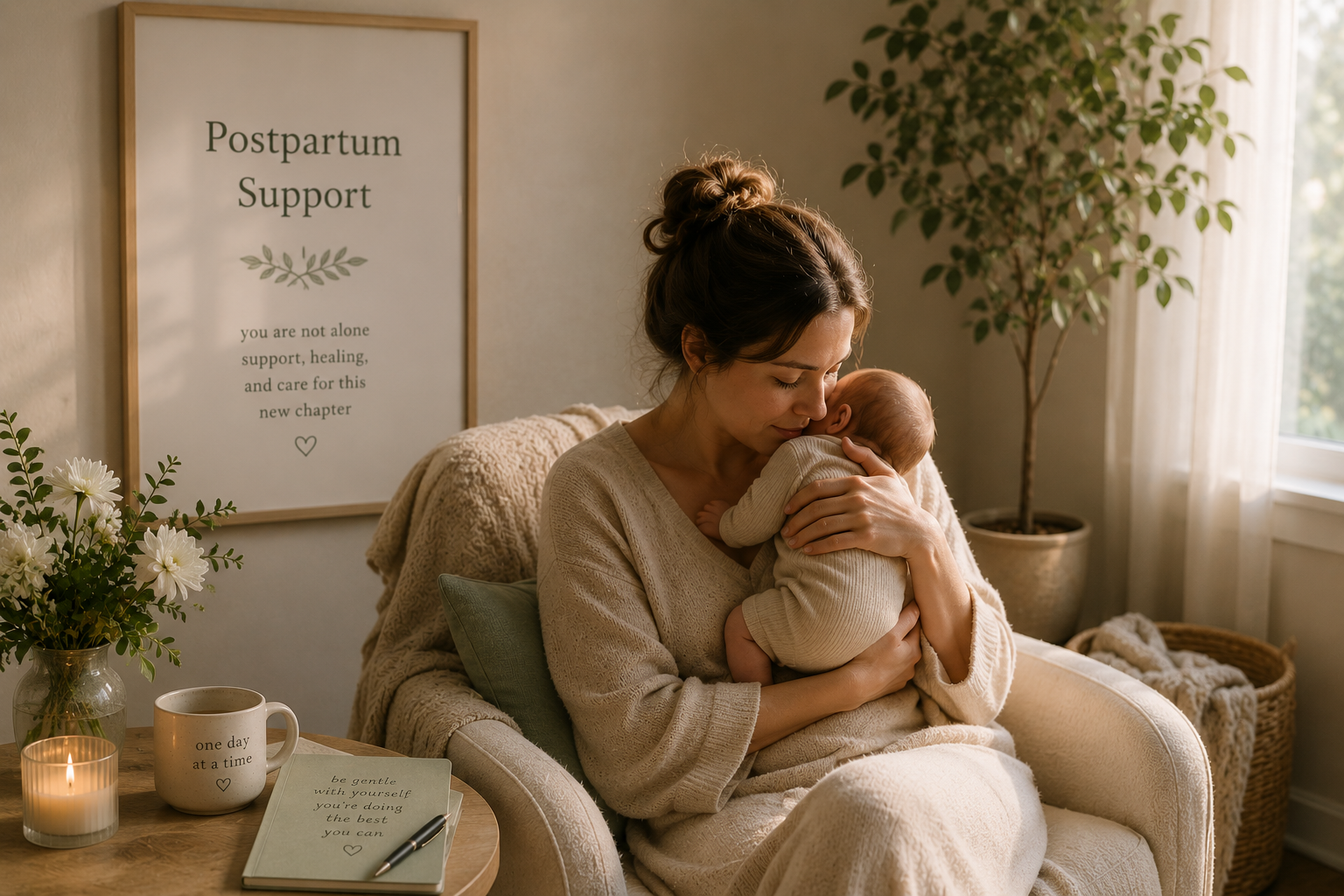 Postpartum mental health care for new mothers experiencing anxiety, depression, and emotional adjustment.