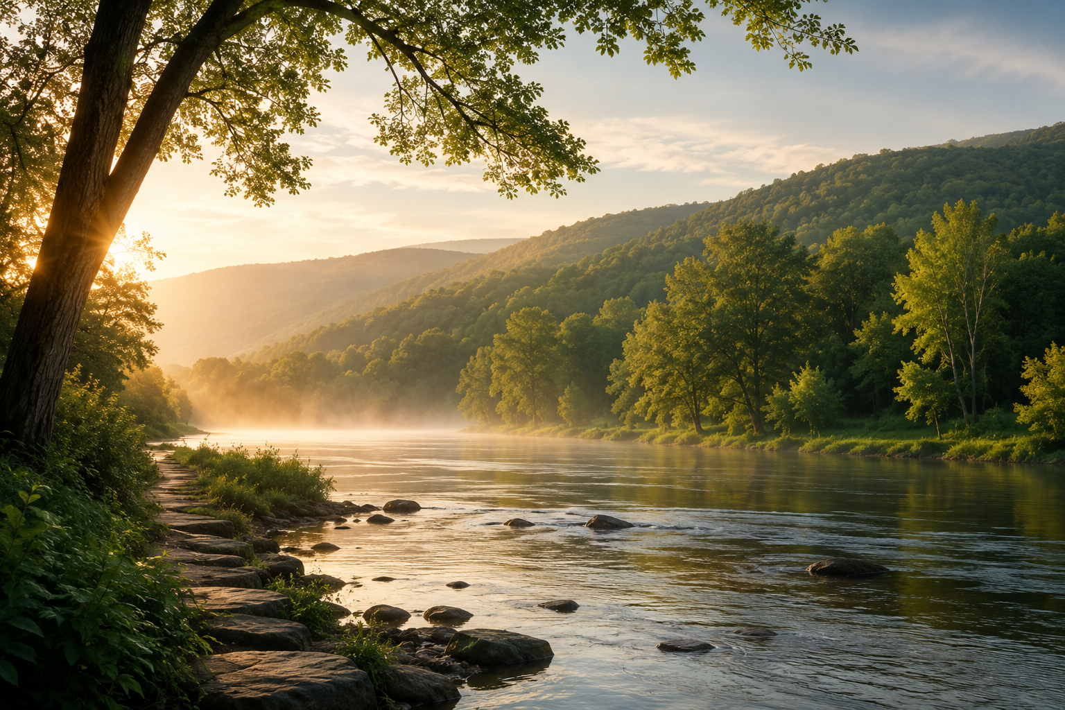 Sunrise over a peaceful river surrounded by lush green trees on a mountainside, with mist rising from the water and a stone-lined walking path on the left.