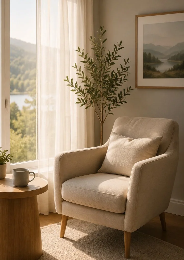 A cozy living room corner with a beige armchair and matching pillow, beside a round wooden side table with a coffee mug and small plant, next to a window with sheer curtains and a scenic mountain and lake view, decorated with a framed landscape photograph and a tall indoor plant.
