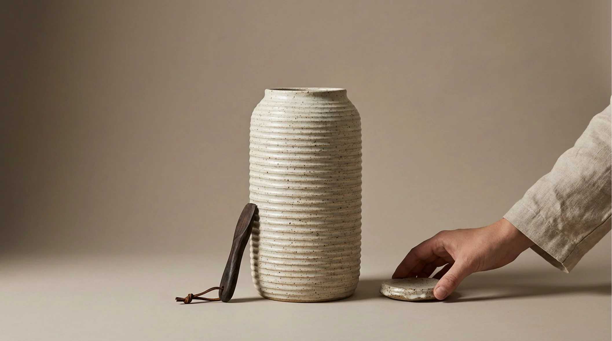 A tall white ceramic vase with horizontal ridges, placed on a neutral surface. A person in beige clothing is reaching towards a matching saucer or lid, with their hand and part of their arm visible on the right side of the image.