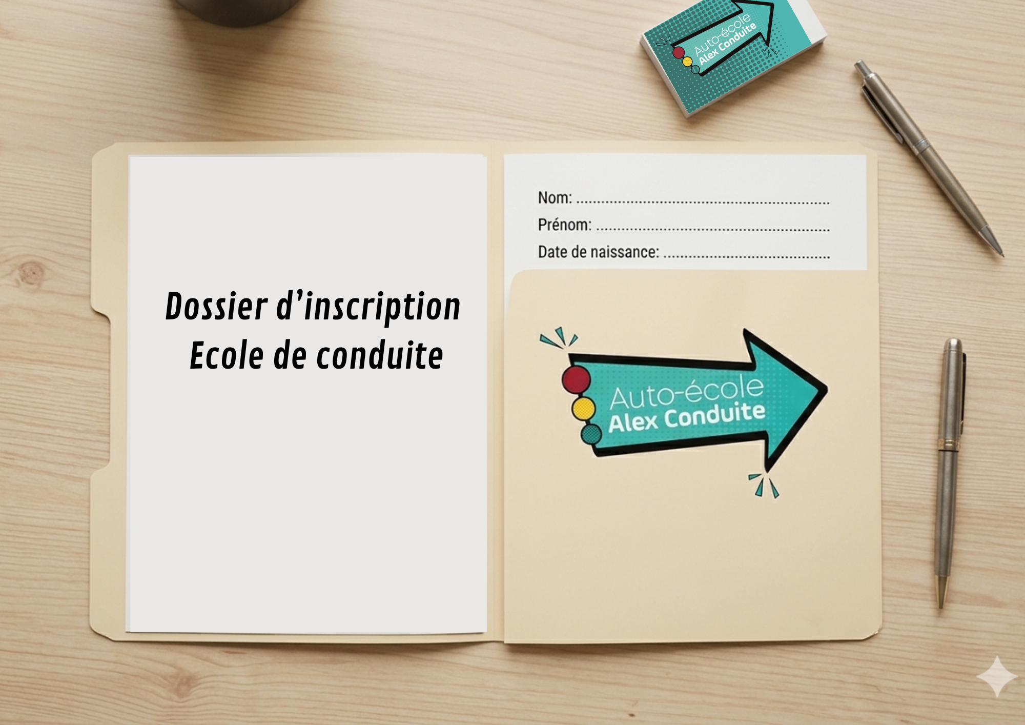 Une fiche d'inscription pour une école de conduite intitulée 'Dossier d'inscription Ecole de conduite'. Sur la fiche, des champs à remplir pour le nom, le prénom et la date de naissance. À côté, un stylo et une boîte d'allumettes avec un logo 'Auto-école Alex Conduite'.