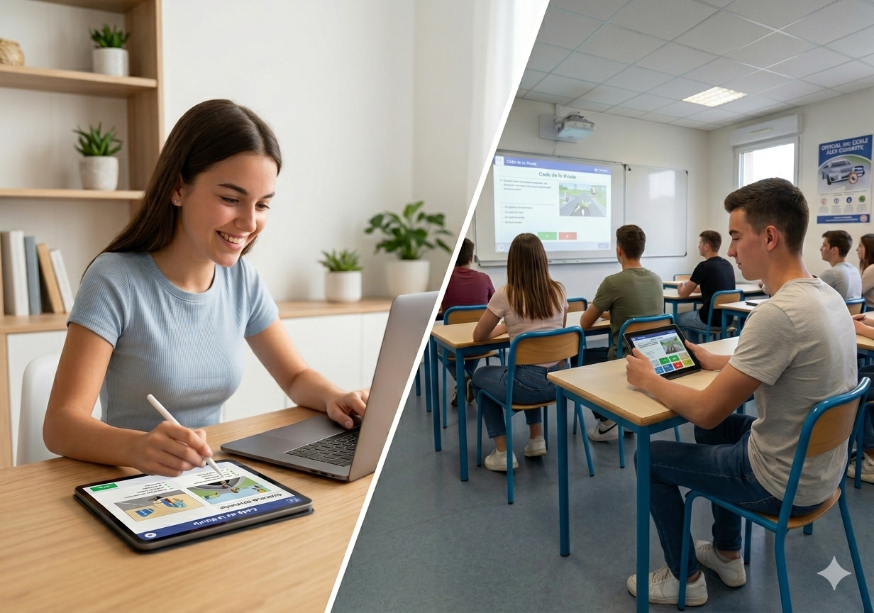 Étudiante utilisant une tablette pour s'entraîner à la conduite en ligne à la maison, tandis que d'autres étudiants assistent à une classe, tous utilisant des appareils numériques.