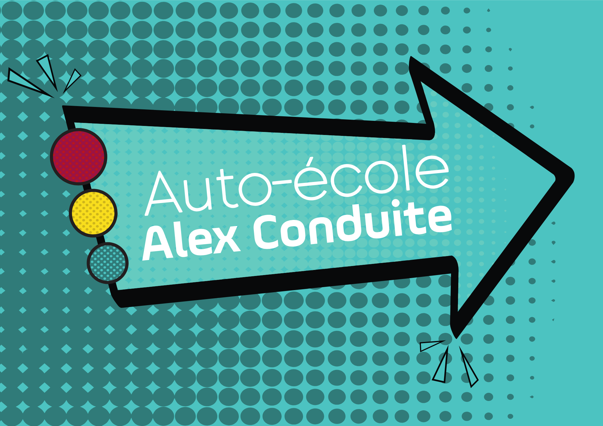 Illustration en style bande dessinée montrant une flèche pointant vers le haut à partir d'une pancarte avec le texte 'Auto-école Alex Conduite'. Dans le coin supérieur gauche, un ensemble de feux de signalisation. Arrière-plan en motifs de points de couleur turquoise.