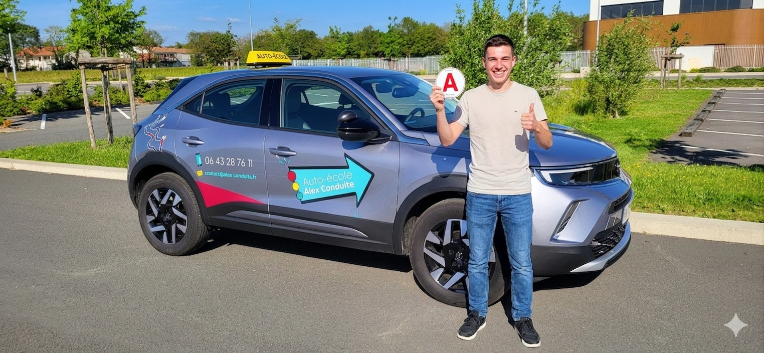 Un jeune homme souriant tient une panneau avec un A rouge, debout à côté d'une voiture électrique bleue avec un panneau indiquant une auto-école. La voiture a un signe lumineux jaune sur le toit avec le mot 'AUTOÉCOLE'. L'arrière-plan montre un parking et un espace vert avec des arbres et des bâtiments modernes.