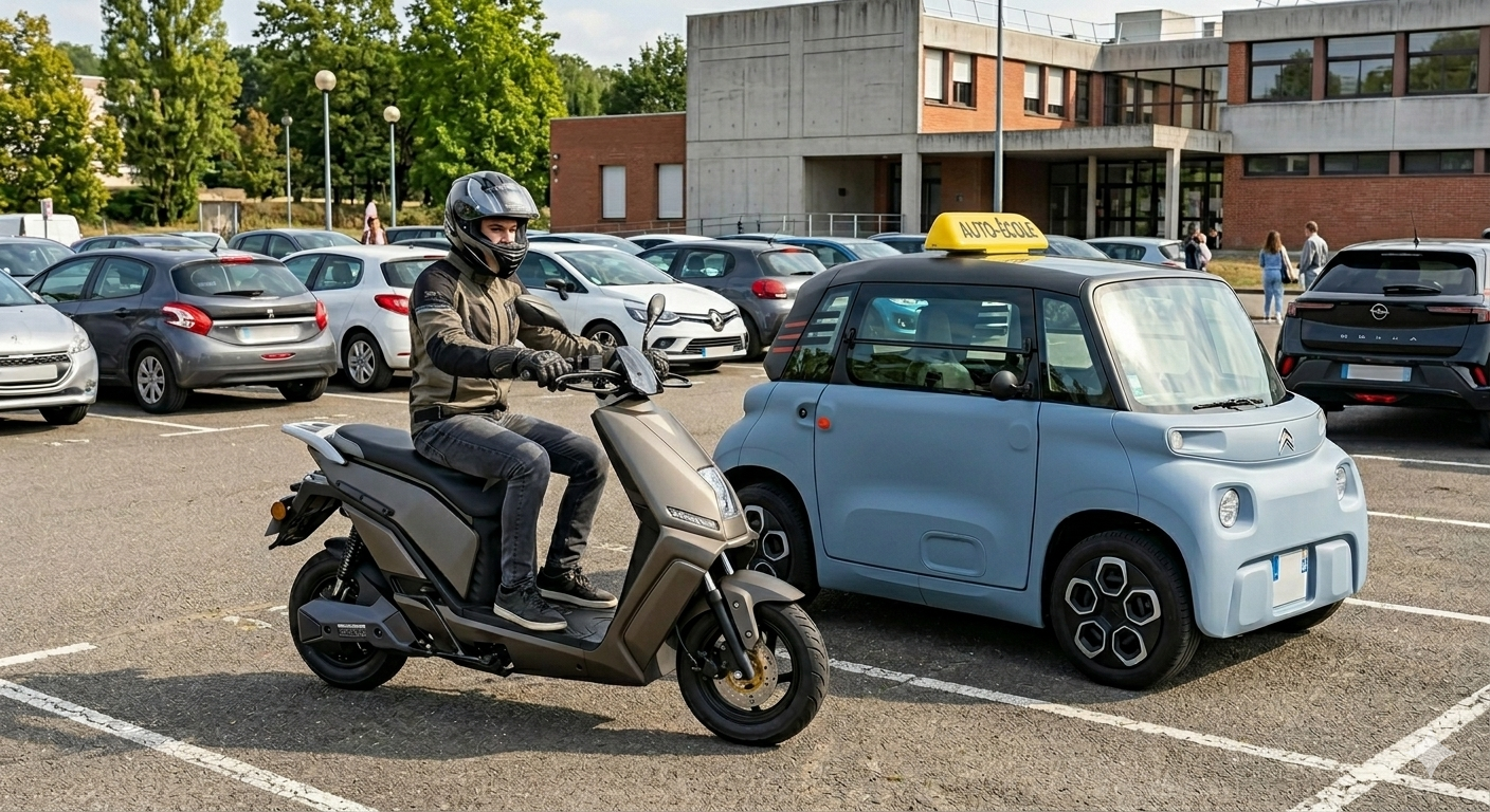 Un motard en casque assis sur une scooter électrique dans un parking, à côté d'une petite voiture électrique Citroën avec un panneau 'Auto École' sur le toit, plusieurs voitures en arrière-plan.