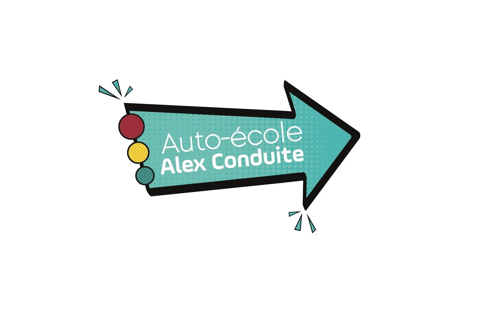 Une flèche colorée avec l'inscription "Auto-école Alex Conduite" indiquant une direction.