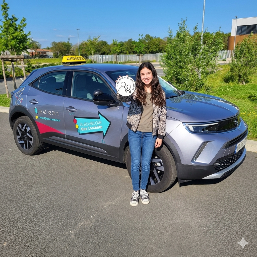 Jeune femme souriante debout devant une voiture électrique d'auto-école, portant un t-shirt vert et un blazer à motifs, avec un paysage urbain en fond.