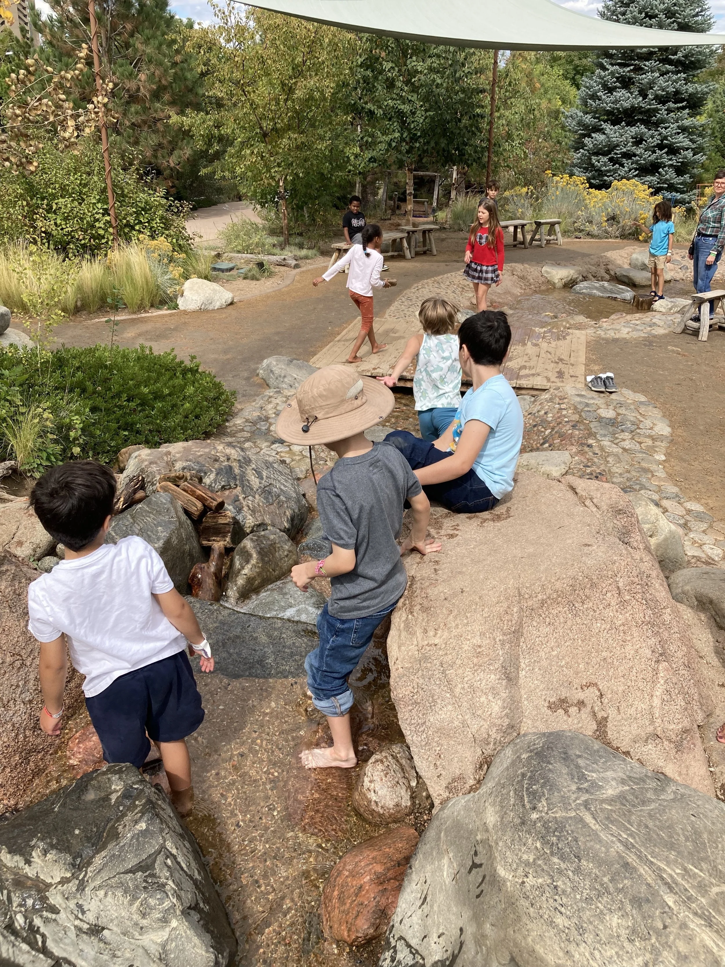 Children and adults playing and exploring near a small stream surrounded by rocks and trees in a park or garden setting.