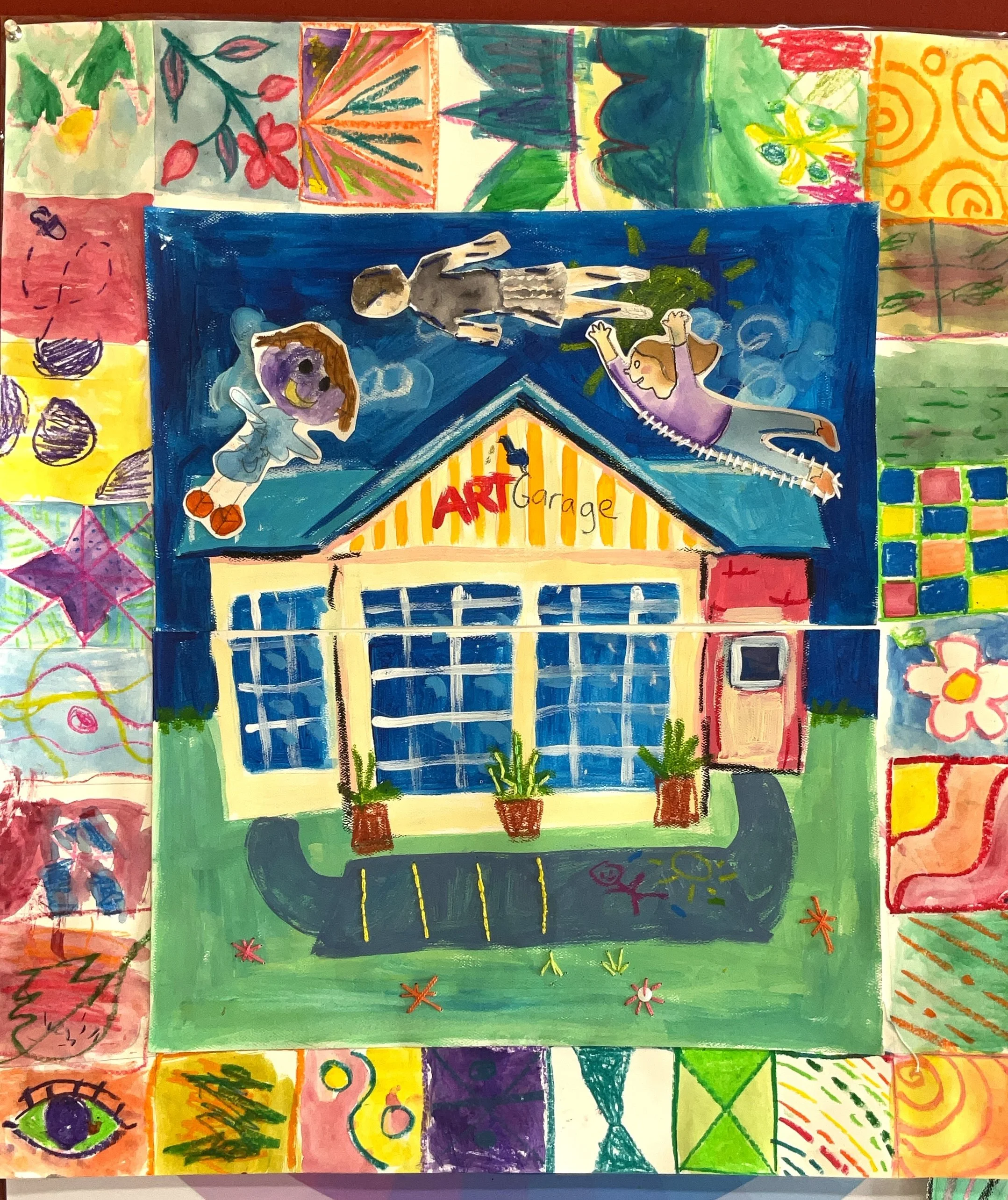 Colorful artwork featuring various patterns and drawings, with a central blue house with large windows, potted plants outside, and cartoon children playing on the roof.