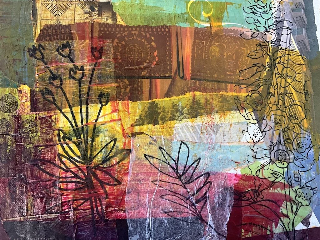 An abstract mixed media art piece featuring colorful brushstrokes, layered textures, and black line drawings of flowers and leaves overlaid on the painting