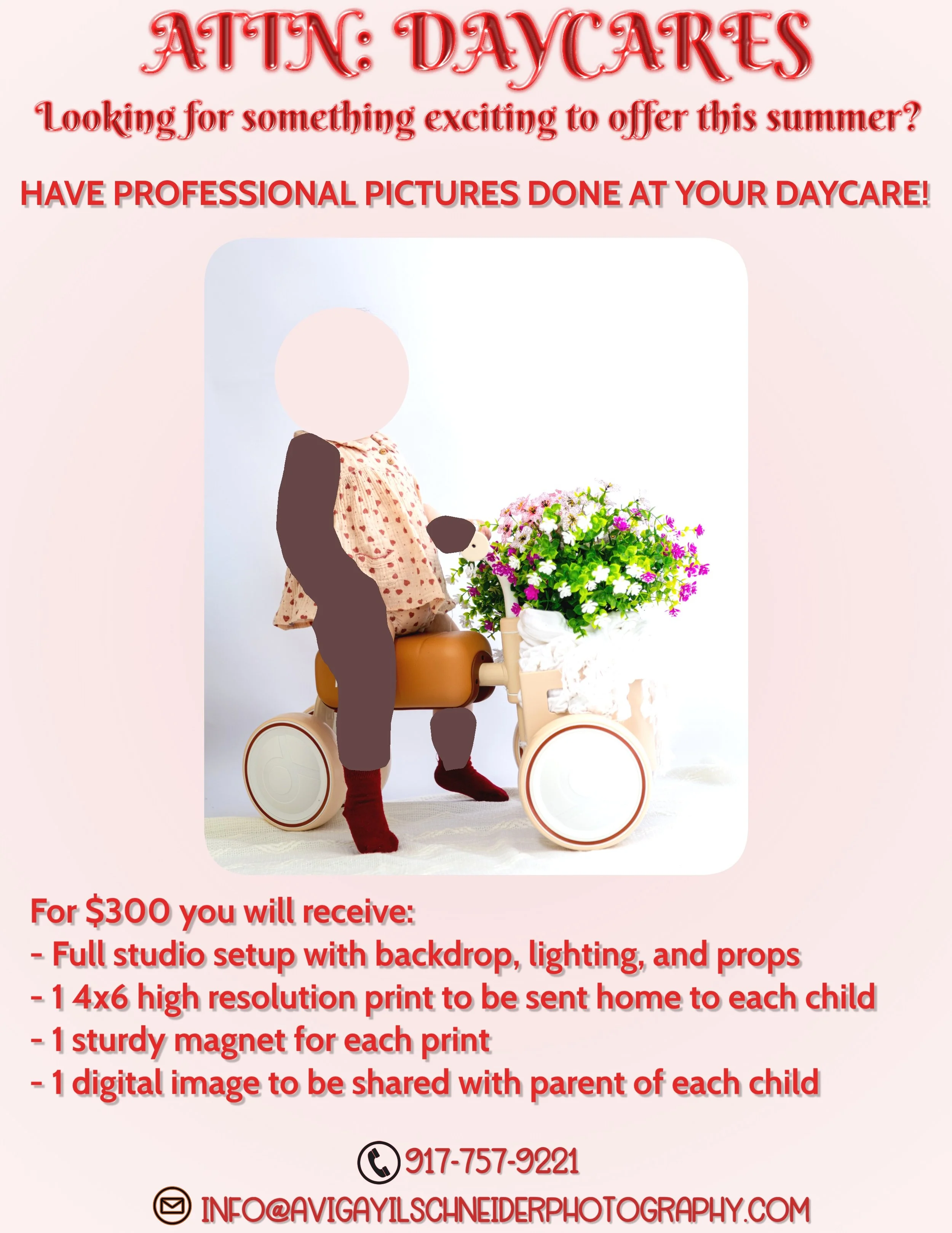 A baby sitting on a tricycle decorated with flowers and plush toys, with a pink background and promotional text for a professional photography service.