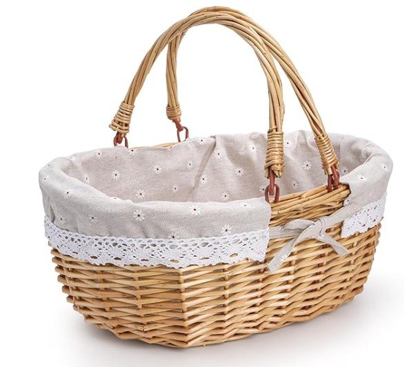Wicker basket with fabric lining and handles.